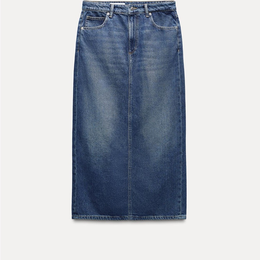 Zara TRF Mid-Rise Long Denim Skirt